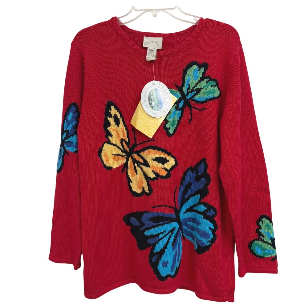 Bright Belle Isle Womens Red Butterfly Intarsia Knit Sweater Ramie Cotton L NWT
